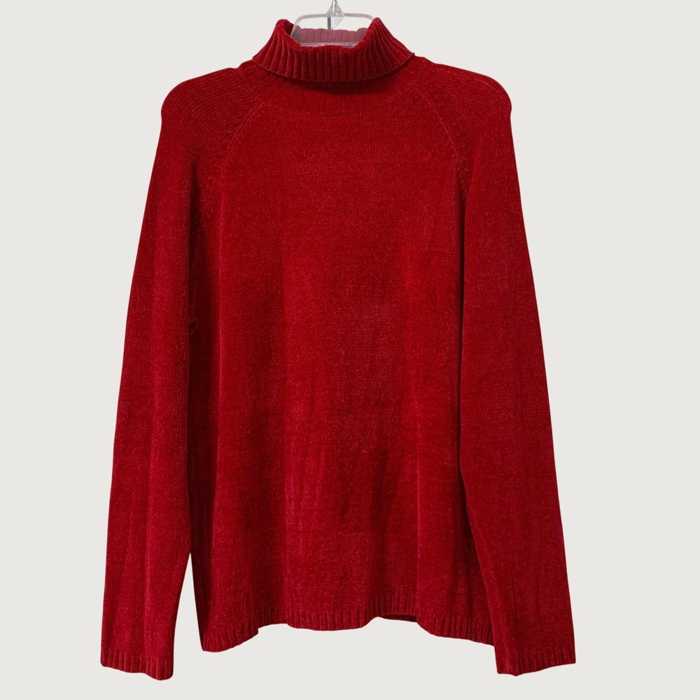 Chico's Turtleneck Sweater Women 2 (L) Red Chenille Knit Long Sleeve Raglan Cozy